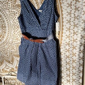 Elegant Navy Polka Dot Midi Dress with Belt
